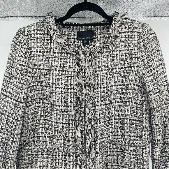 Cynthia Rowley Tweed Blazer Black White Gold Metallic Fringe Trim Jacket Medium - Picture 3 of 17